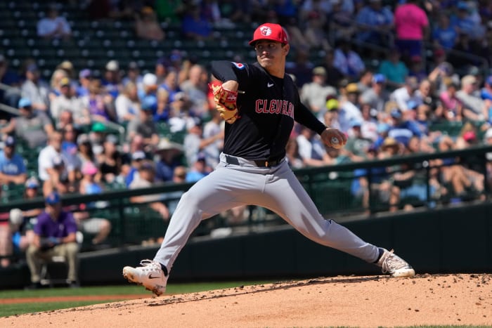 Mar 3, 2024; Mesa, Arizona, USA; Cleveland Guardians pitcher Logan Allen (41) throws against the Chicago Cubs in the first inning at Sloan Park. Mandatory Credit: Rick Scuteri-USA TODAY Sports